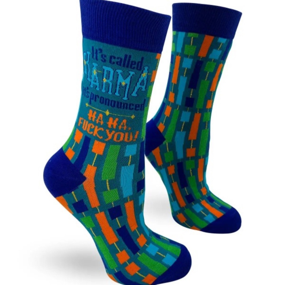 •Karmas Calling• Funny Colorful Women’s Novelty Crew Socks